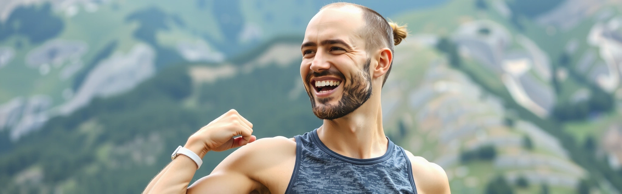Persona atlética sonriendo después de hacer ejercicio, simbolizando salud y vitalidad. Fondo de naturaleza borroso.