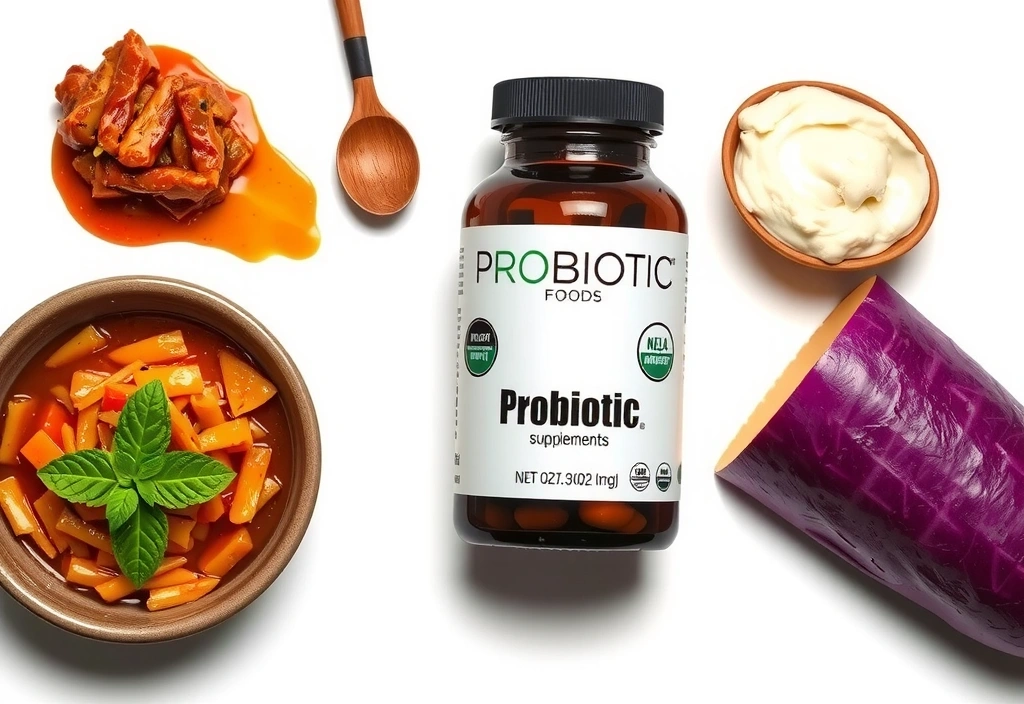 Frasco de probióticos y alimentos fermentados