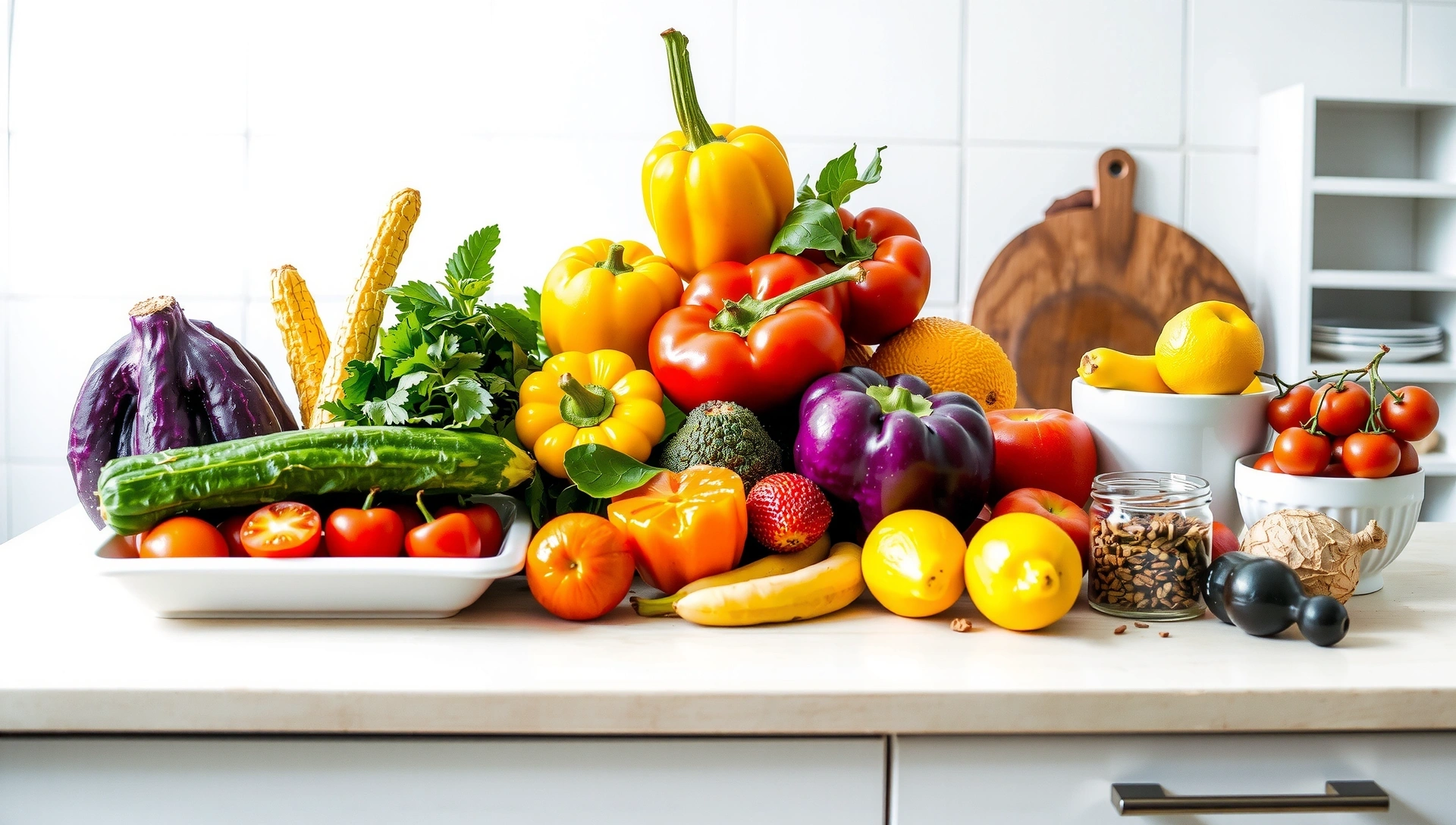 Mesa llena de ingredientes frescos y coloridos para cocinar saludablemente