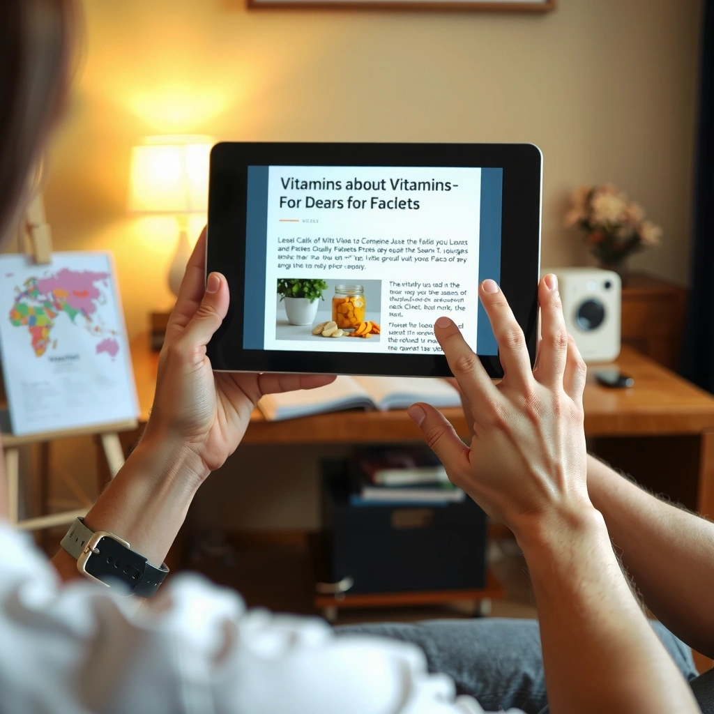 Persona leyendo un artículo sobre vitaminas en una tablet
