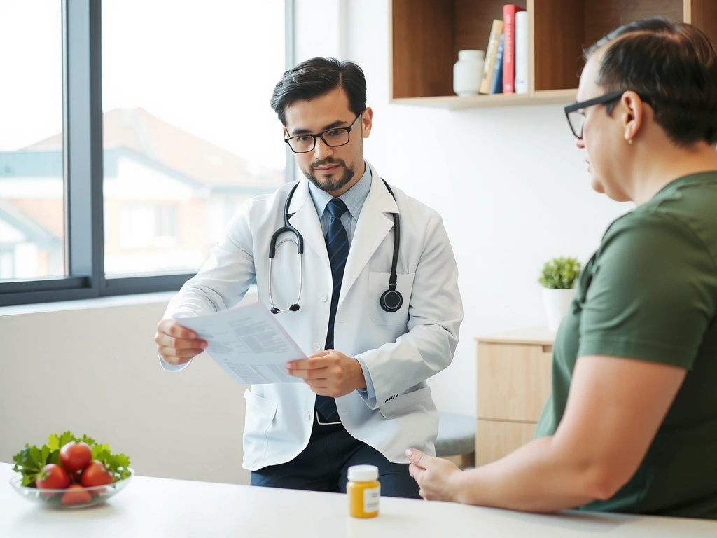 Un profesional de la salud (médico o nutricionista) explicando un plan de suplementos a un paciente en un entorno de consulta moderno. Sin texto ni símbolos.