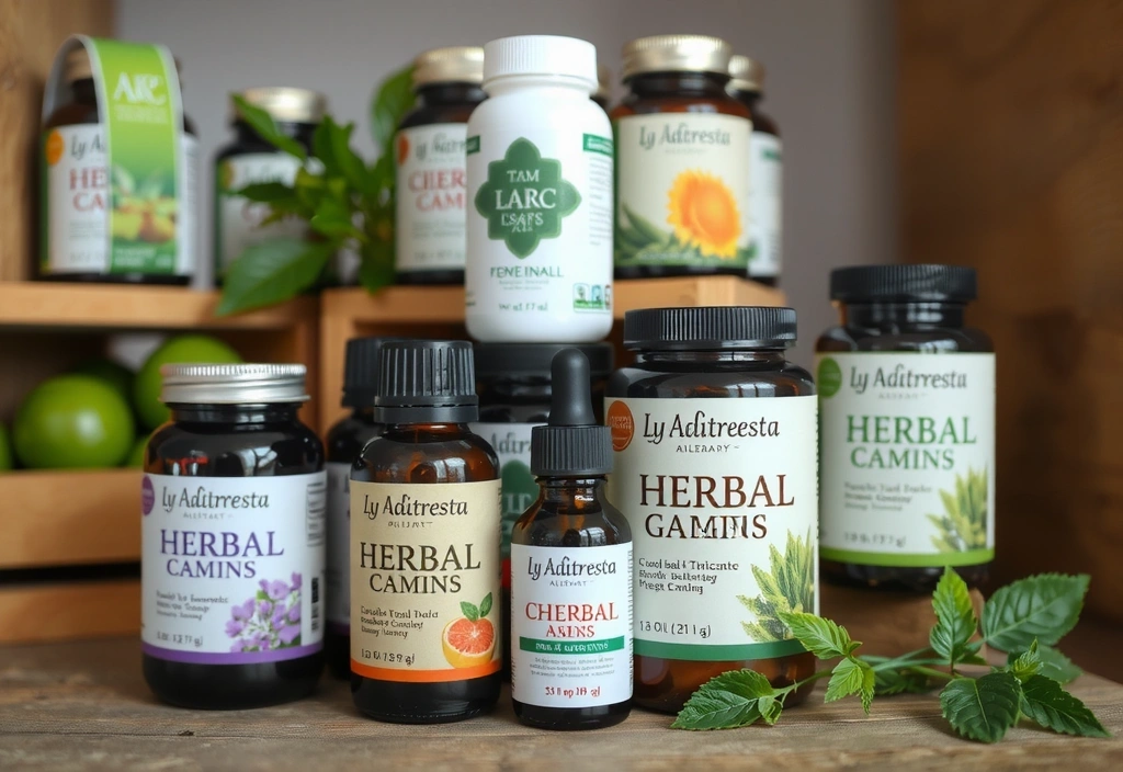 Una pila de frascos de suplementos de hierbas y botellas de tinturas, con etiquetas de plantas y nombres de ingredientes naturales.