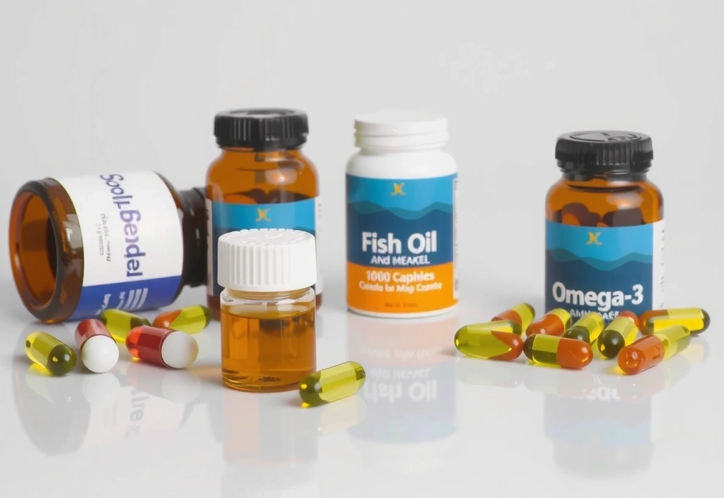 Una selección de aceites de pescado y cápsulas de omega-3 dispuestas sobre una superficie brillante, con un reflejo sutil.