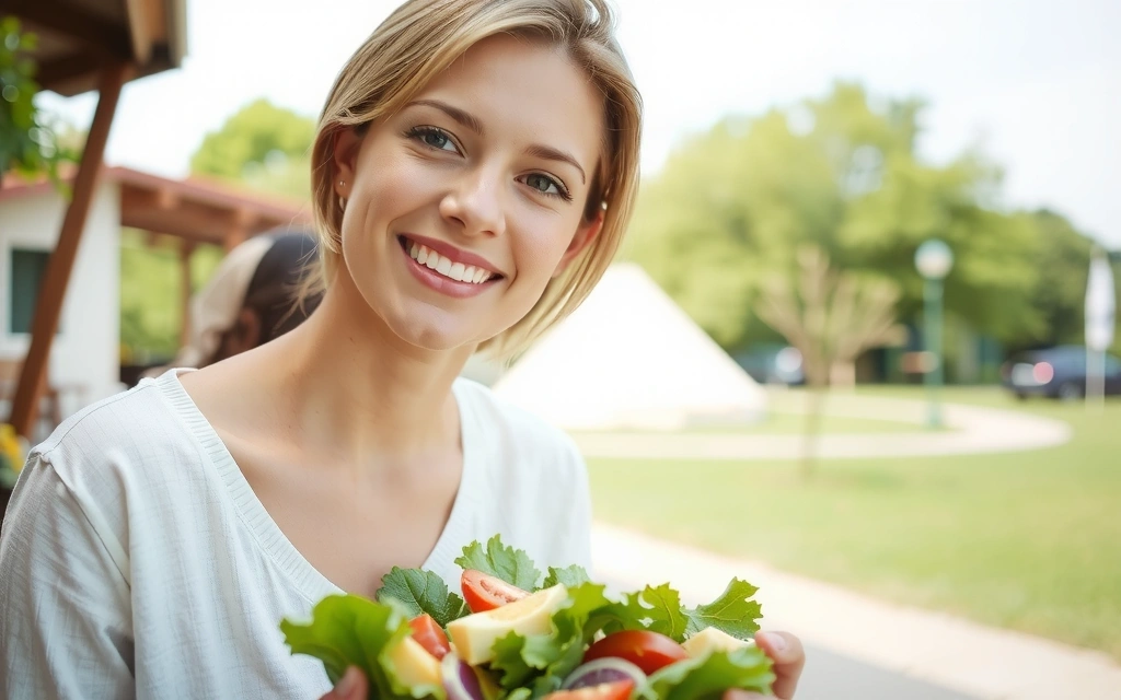 Mujer feliz disfrutando de una ensalada fresca